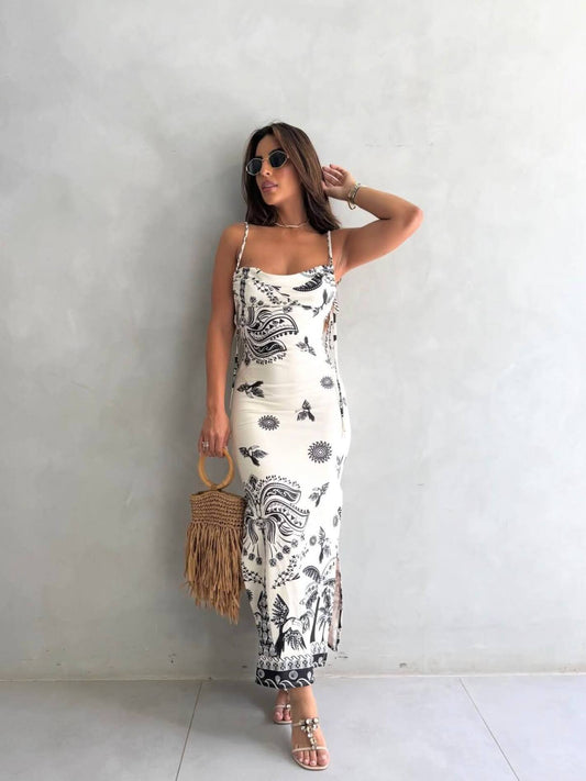 Robe maxi dos nu imprimé totem noir et blanc Amoura