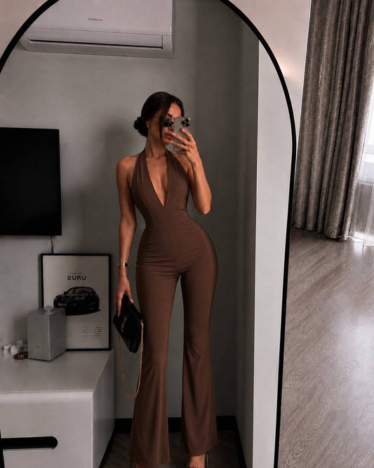 Combinaison halter deep V chocolat dos nu Amoura